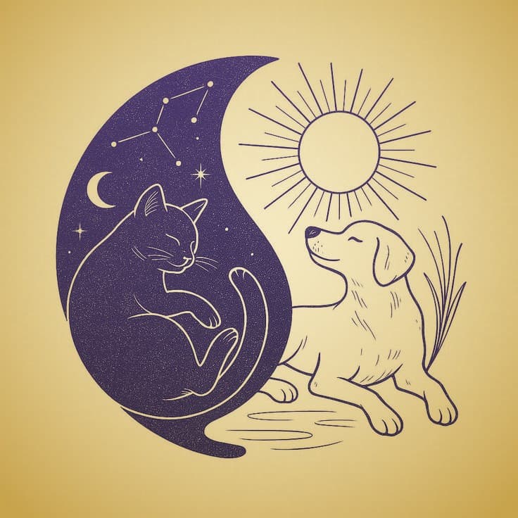 Ilustración de un gatito y un perrito, la luna y el sol